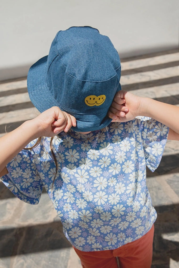 Double Smile Stonewashed Denim Bucket Hat  HUNDRED PIECES Hundred Pieces